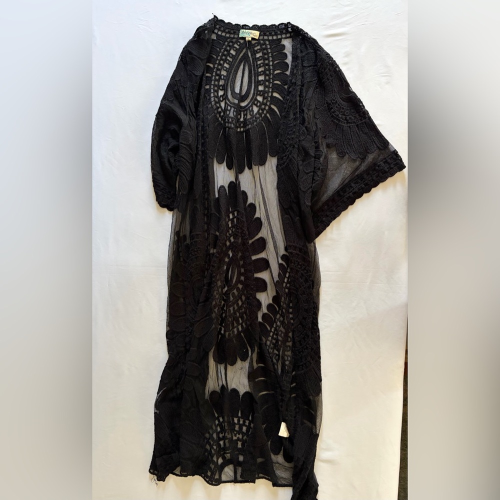 Black Lace Kimono Cover Up Sheer Boho Beach Cardigan Small